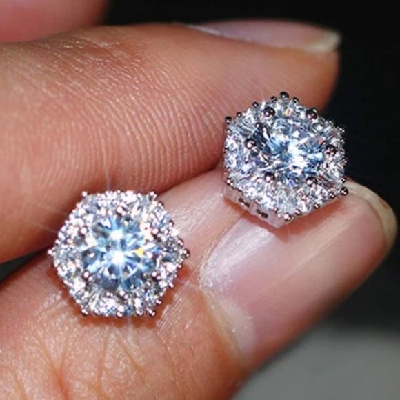 Unisex 2 CT 925 Sterling Silver Diamond Hexagon Pierced Stud Earrings - Picture 9 of 9